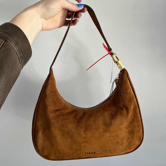 STAUD Handbags - STAUD Cognac Suede Shoulder Bag with Gold Hardware